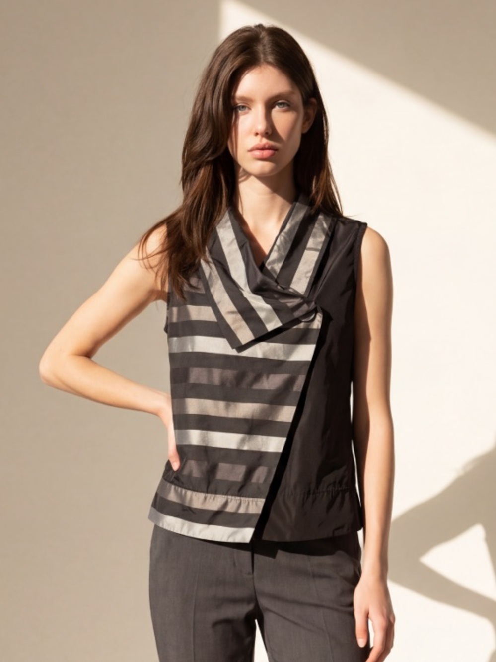 JOSEPH RIBKOFF Vest Top Sleeveless NWT $189 Folded Collar Stripe Black Gray
